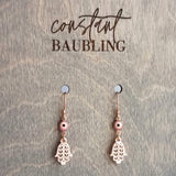 Evil Eye Earrings, rose gold earring, talisman amulet, protective earring, Hamsa earring, hand Fatima, spiritual symbol protection good luck - Constant Baubling