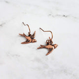Copper Flying Bird Earrings - small oxidized antique finish charms & hooks, handmade couple/lover gift, bird watcher gift, little sparrow - Constant Baubling