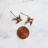Copper Flying Bird Earrings - small oxidized antique finish charms & hooks, handmade couple/lover gift, bird watcher gift, little sparrow - Constant Baubling