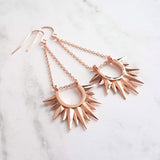 Rose Gold Sun Earrings, sunburst shape, long delicate chain dangle, spear point earring, ray of sunshine earring, semicircle earring, dagger - Constant Baubling