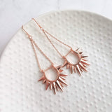 Rose Gold Sun Earrings, sunburst shape, long delicate chain dangle, spear point earring, ray of sunshine earring, semicircle earring, dagger - Constant Baubling