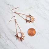 Rose Gold Sun Earrings, sunburst shape, long delicate chain dangle, spear point earring, ray of sunshine earring, semicircle earring, dagger - Constant Baubling