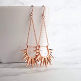 Rose Gold Sun Earrings, sunburst shape, long delicate chain dangle, spear point earring, ray of sunshine earring, semicircle earring, dagger - Constant Baubling
