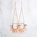Rose Gold Sun Earrings, sunburst shape, long delicate chain dangle, spear point earring, ray of sunshine earring, semicircle earring, dagger - Constant Baubling