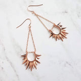 Rose Gold Sun Earrings, sunburst shape, long delicate chain dangle, spear point earring, ray of sunshine earring, semicircle earring, dagger - Constant Baubling