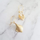 Calla Lily Earrings - gold matte brass & freshwater pearls, locking kidney ear hook, delicate flower earrings, bridal bridesmaid jewelry - Constant Baubling