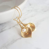 Calla Lily Earrings - gold matte brass & freshwater pearls, locking kidney ear hook, delicate flower earrings, bridal bridesmaid jewelry - Constant Baubling