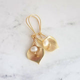 Calla Lily Earrings - gold matte brass & freshwater pearls, locking kidney ear hook, delicate flower earrings, bridal bridesmaid jewelry - Constant Baubling