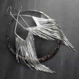 Silver Chain Earrings - long chain fringe, snake chain, chain tassel, v shape chandelier, silver chain earring, long chain tassel, bold 6" - Constant Baubling