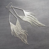 Silver Chain Earrings - long chain fringe, snake chain, chain tassel, v shape chandelier, silver chain earring, long chain tassel, bold 6" - Constant Baubling