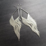Silver Chain Earrings - long chain fringe, snake chain, chain tassel, v shape chandelier, silver chain earring, long chain tassel, bold 6" - Constant Baubling