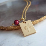 Mum Necklace - gold Chrysanthemum flower pendant, gold square pendant, engraved flower necklace, mum charm, maroon pearl charm, freshwater - Constant Baubling