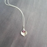 Silver Calla Lily Necklace - small matte flower charm, fuchsia pink, plum purple genuine freshwater pearl, delicate thin chain, bridesmaid - Constant Baubling