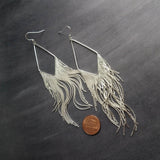 Silver Chain Earrings - long chain fringe, snake chain, chain tassel, v shape chandelier, silver chain earring, long chain tassel, bold 6" - Constant Baubling