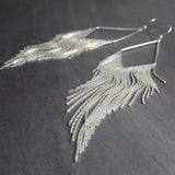 Silver Chain Earrings - long chain fringe, snake chain, chain tassel, v shape chandelier, silver chain earring, long chain tassel, bold 6" - Constant Baubling