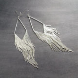 Silver Chain Earrings - long chain fringe, snake chain, chain tassel, v shape chandelier, silver chain earring, long chain tassel, bold 6" - Constant Baubling