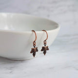 Small Copper Earrings - maple leaf - little tiny micro mini antique finish leaves - minimalist aged dangle charm - rustic tree autumn child - Constant Baubling