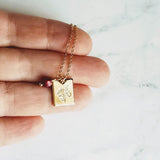 Mum Necklace - gold Chrysanthemum flower pendant, gold square pendant, engraved flower necklace, mum charm, maroon pearl charm, freshwater - Constant Baubling