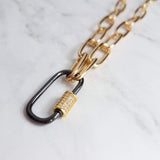 Gold Oval Chain Necklace, chunky front clasp necklace, black carabiner clasp, gold black necklace, large oval CZ clasp, screw clasp necklace - Constant Baubling