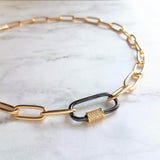 Gold Oval Chain Necklace, chunky front clasp necklace, black carabiner clasp, gold black necklace, large oval CZ clasp, screw clasp necklace - Constant Baubling