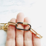Gold Oval Chain Necklace, chunky front clasp necklace, black carabiner clasp, gold black necklace, large oval CZ clasp, screw clasp necklace - Constant Baubling