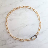 Gold Oval Chain Necklace, chunky front clasp necklace, black carabiner clasp, gold black necklace, large oval CZ clasp, screw clasp necklace - Constant Baubling