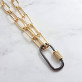 Gold Oval Chain Necklace, chunky front clasp necklace, black carabiner clasp, gold black necklace, large oval CZ clasp, screw clasp necklace - Constant Baubling