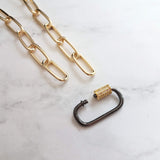 Gold Oval Chain Necklace, chunky front clasp necklace, black carabiner clasp, gold black necklace, large oval CZ clasp, screw clasp necklace - Constant Baubling