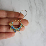 Gold Turquoise Earrings, circle earring, beaded earring, seed bead earring, blue gold earring, tiny bead earring, beaded hoop, 2.5 inch - Constant Baubling