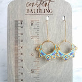 Gold Turquoise Earrings, circle earring, beaded earring, seed bead earring, blue gold earring, tiny bead earring, beaded hoop, 2.5 inch - Constant Baubling