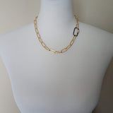 Gold Oval Chain Necklace, chunky front clasp necklace, black carabiner clasp, gold black necklace, large oval CZ clasp, screw clasp necklace - Constant Baubling