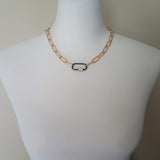 Gold Oval Chain Necklace, chunky front clasp necklace, black carabiner clasp, gold black necklace, large oval CZ clasp, screw clasp necklace - Constant Baubling