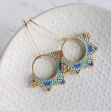Gold Turquoise Earrings, circle earring, beaded earring, seed bead earring, blue gold earring, tiny bead earring, beaded hoop, 2.5 inch - Constant Baubling