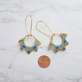 Gold Turquoise Earrings, circle earring, beaded earring, seed bead earring, blue gold earring, tiny bead earring, beaded hoop, 2.5 inch - Constant Baubling