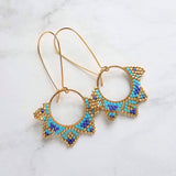Gold Turquoise Earrings, circle earring, beaded earring, seed bead earring, blue gold earring, tiny bead earring, beaded hoop, 2.5 inch - Constant Baubling