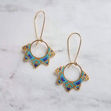 Gold Turquoise Earrings, circle earring, beaded earring, seed bead earring, blue gold earring, tiny bead earring, beaded hoop, 2.5 inch - Constant Baubling