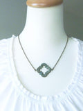 Clover Necklace - green blue verdigris patina on medium antique bronze/brass chain - large lucky 4 leaf lobe pendant w/ ornate detail - Constant Baubling