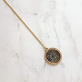 Gold Black Medallion Necklace, gold medallion pendant, cut out pendant, filigree necklace, round medallion necklace lacy black gold necklace - Constant Baubling