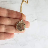 Gold Black Medallion Necklace, gold medallion pendant, cut out pendant, filigree necklace, round medallion necklace lacy black gold necklace - Constant Baubling