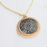 Gold Black Medallion Necklace, gold medallion pendant, cut out pendant, filigree necklace, round medallion necklace lacy black gold necklace - Constant Baubling