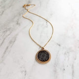 Gold Black Medallion Necklace, gold medallion pendant, cut out pendant, filigree necklace, round medallion necklace lacy black gold necklace - Constant Baubling