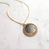 Gold Black Medallion Necklace, gold medallion pendant, cut out pendant, filigree necklace, round medallion necklace lacy black gold necklace - Constant Baubling