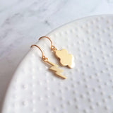Storm Cloud Earrings, gold cloud earring, mismatched earring, weather earring, gold lightning earring, bolt earring, thunder earring - Constant Baubling