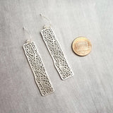 Long Silver Rectangle Earrings, skeleton leaf earring, organic shape earring, silver filigree earring, long thin rectangle earring, narrow - Constant Baubling