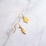 Storm Cloud Earrings, gold cloud earring, mismatched earring, weather earring, gold lightning earring, bolt earring, thunder earring - Constant Baubling
