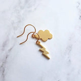 Storm Cloud Earrings, gold cloud earring, mismatched earring, weather earring, gold lightning earring, bolt earring, thunder earring - Constant Baubling