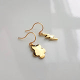 Storm Cloud Earrings, gold cloud earring, mismatched earring, weather earring, gold lightning earring, bolt earring, thunder earring - Constant Baubling