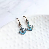 Tiny Anchor Earrings, rustic anchor earring, patina anchor earring, anchor dangle, verdigris patina earring, blue green bronze rust, small - Constant Baubling