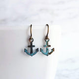 Tiny Anchor Earrings, rustic anchor earring, patina anchor earring, anchor dangle, verdigris patina earring, blue green bronze rust, small - Constant Baubling