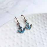 Tiny Anchor Earrings, rustic anchor earring, patina anchor earring, anchor dangle, verdigris patina earring, blue green bronze rust, small - Constant Baubling